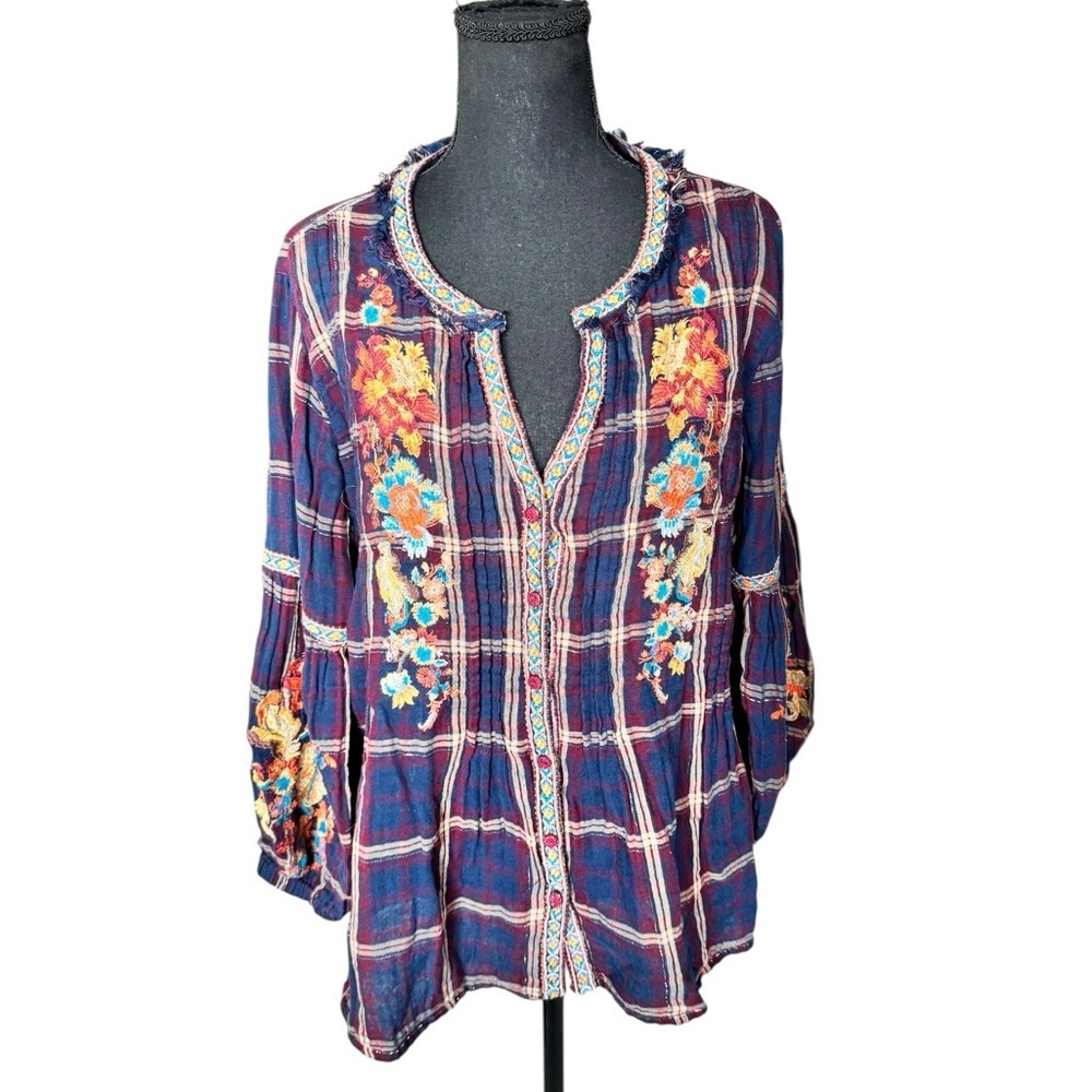 Sundance Plaid Floral Embroidered Boho Tunic Peasant Top Balloon Sleeve M/L E65